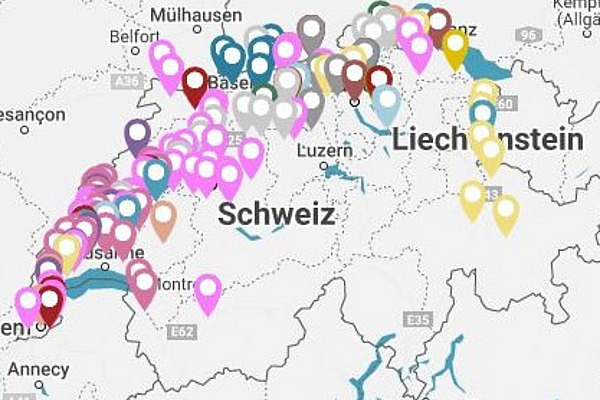 Screenshot einer Karte mit Standortpunkten von Praxisbetrieben.